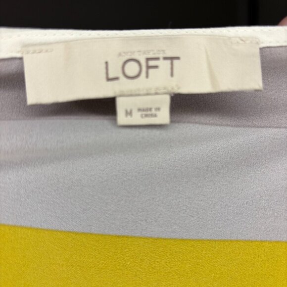 LOFT Women's M Blouse Sleeveless White Gray Yellow Balloon Pleats Keyhole Button - Picture 3 of 3